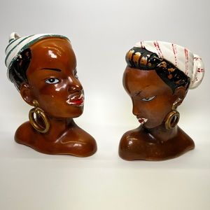 Vintage Lady Wall Pockets-Black African Blackamoor Nubian-Couple-1950's Japan
